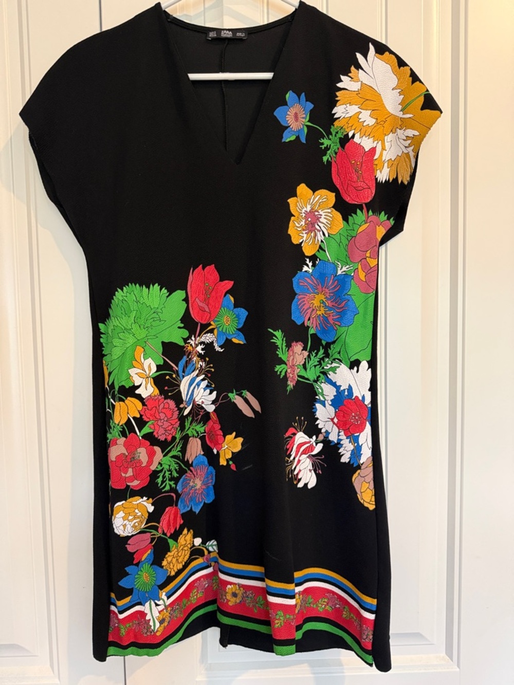 Zara Black Midi Dress with Bright Floral Print